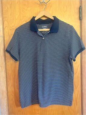 LL Bean Womens Polo Shirt Large Relaxed Fit Navy Pink Striped Cotton